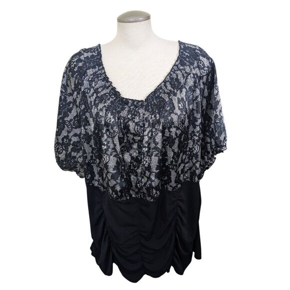 MXM Womens Plus Size 4X Blouse Black White Lace Print Puff Sleeve Ruched Front - Picture 2 of 8